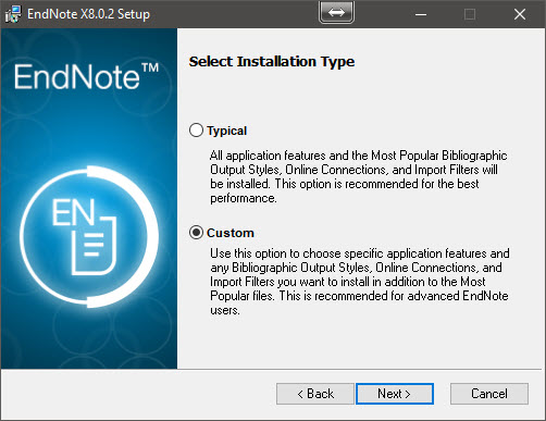 EndNote X8 Custom (aangepaste) installatie