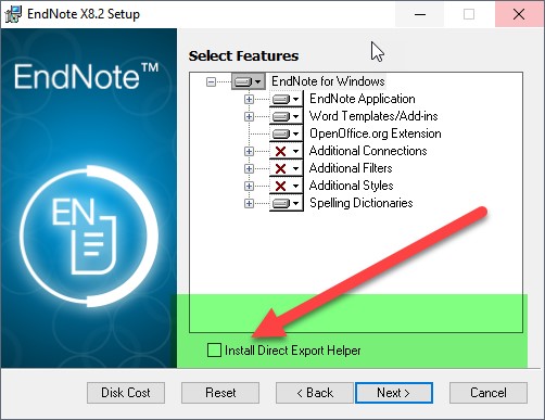 EndNote X8 Custom (aangepaste) installatie - Install Direct Export Helper uitvinken