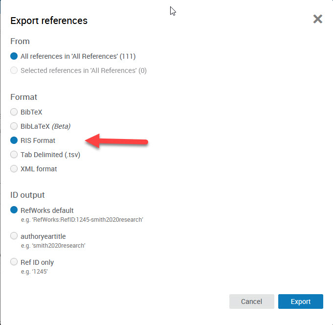 RefWorks export references in RIS Format - RIS Format selection