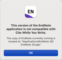 EndNote version not compatible CWYW error