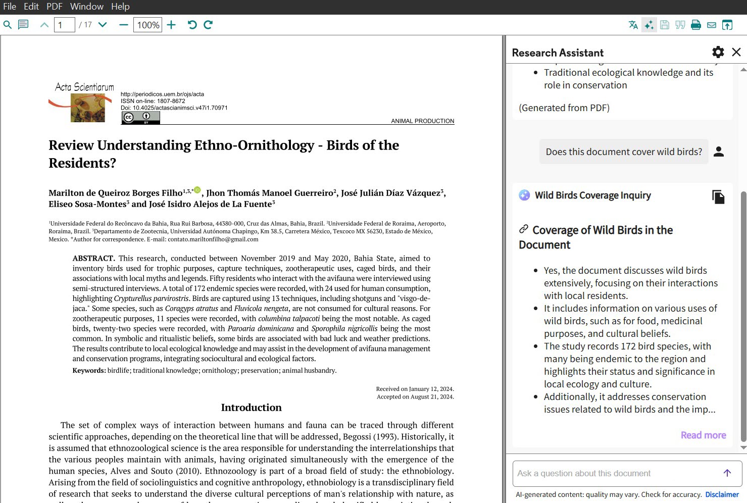 EndNote Research Assistant Chat with a document