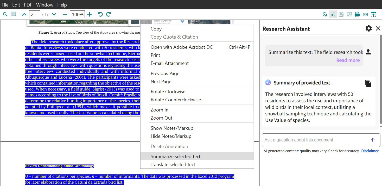 EndNote Research Assistant Summarize selected text