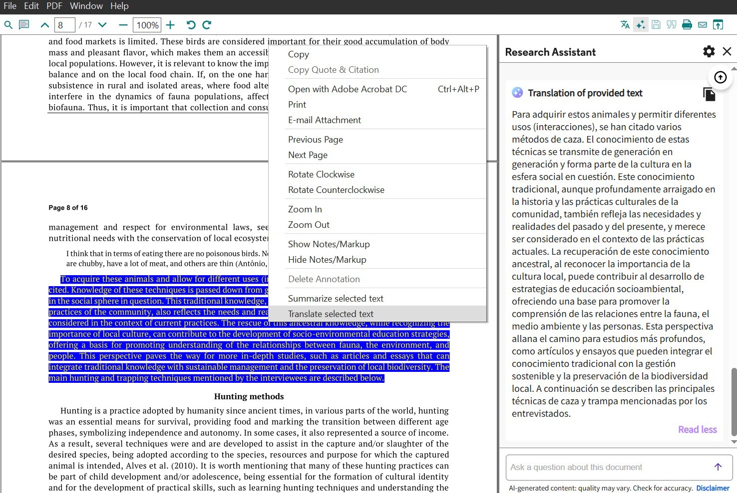 EndNote Research Assistant Translate selected text