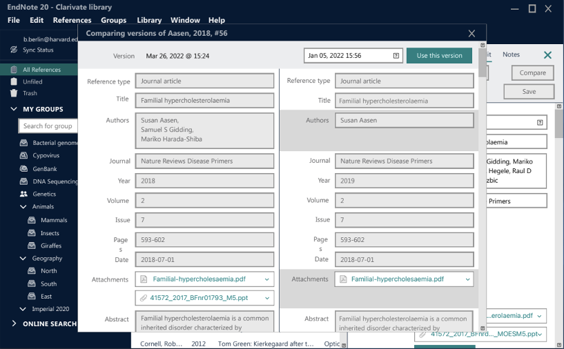 EndNote 21 compare and restore library