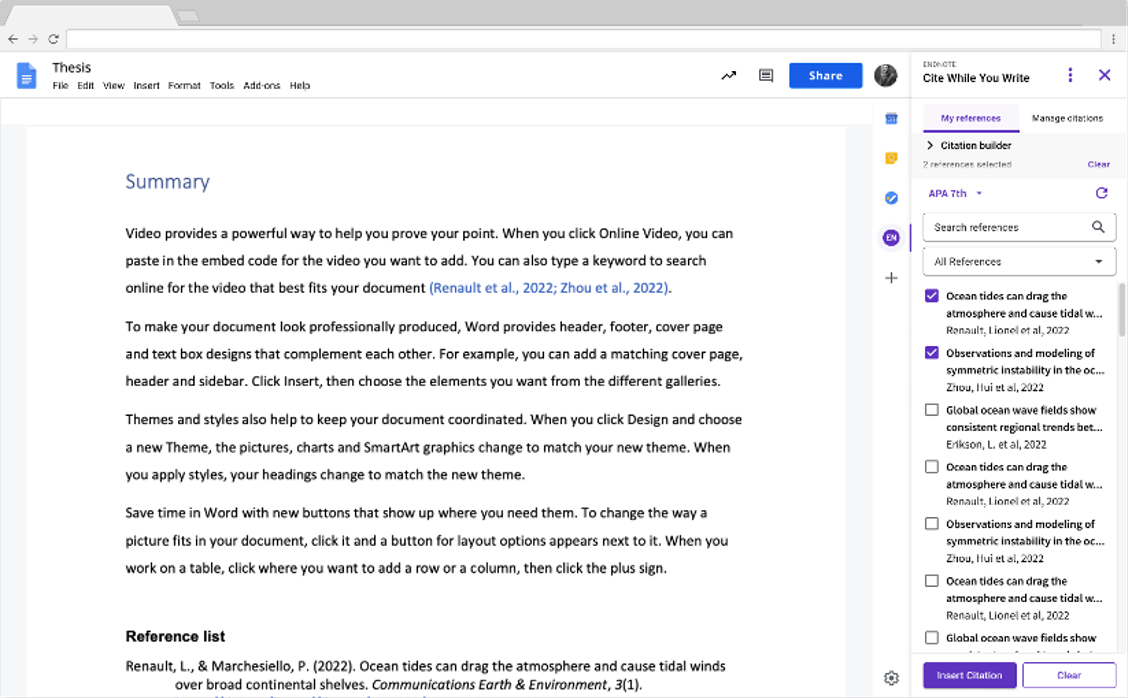 EndNote 21 Cite While You Write CWYW in Google Docs